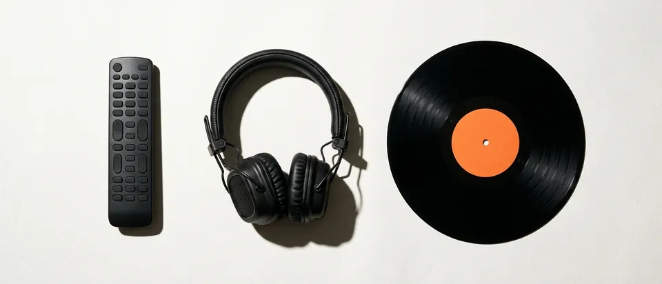 A remote control, headphones and a record laid side by side