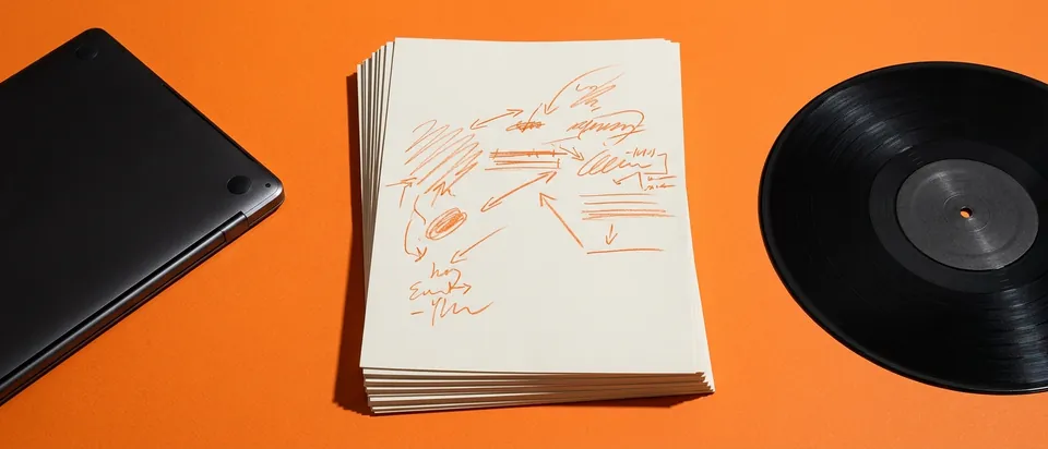 Printed pages with handwritten edits beside a laptop and a record on an orange background