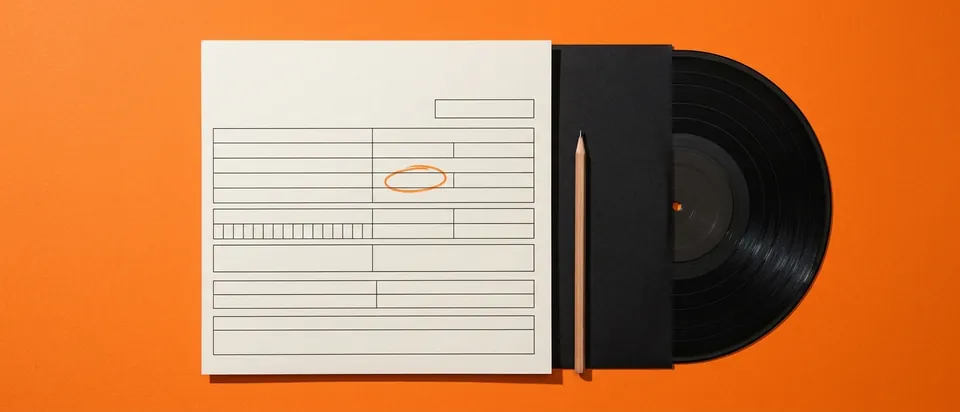 A blank registration form with one box circled in orange pencil beside a record in its sleeve