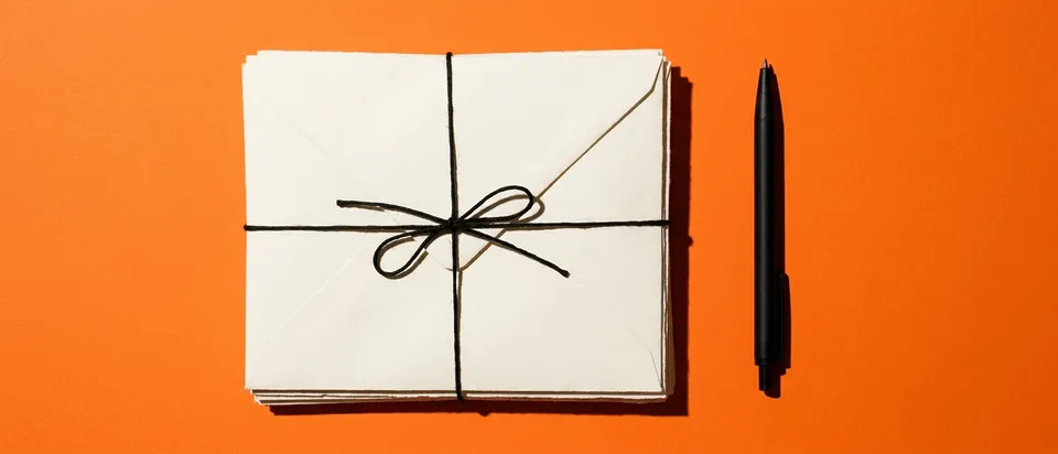 A stack of envelopes and a pen on an orange background