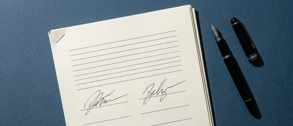 A stapled agreement with signature lines and a pen