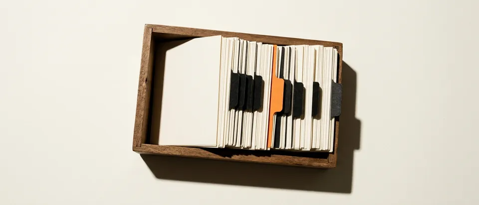 A card index box with tabbed dividers on an off-white background