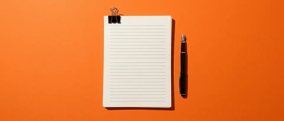A clipped stack of blank pages on an orange background