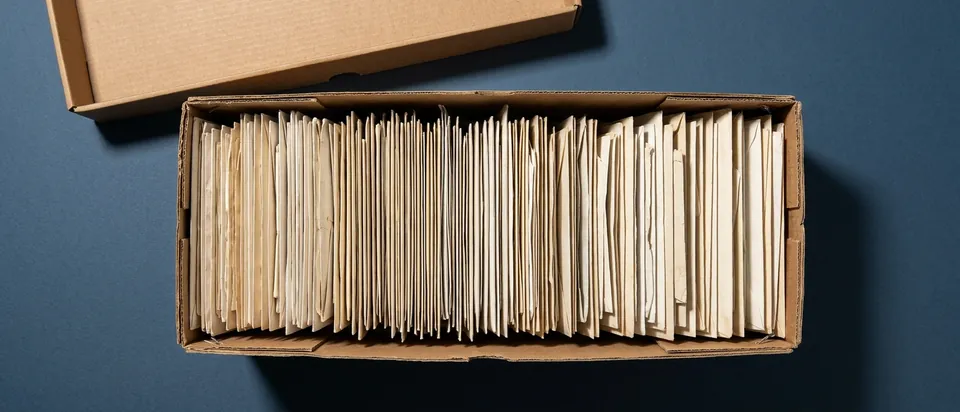 An archive box of letters from the alert years on a slate background
