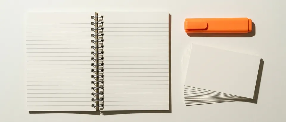 A student's notebook and index cards on a desk